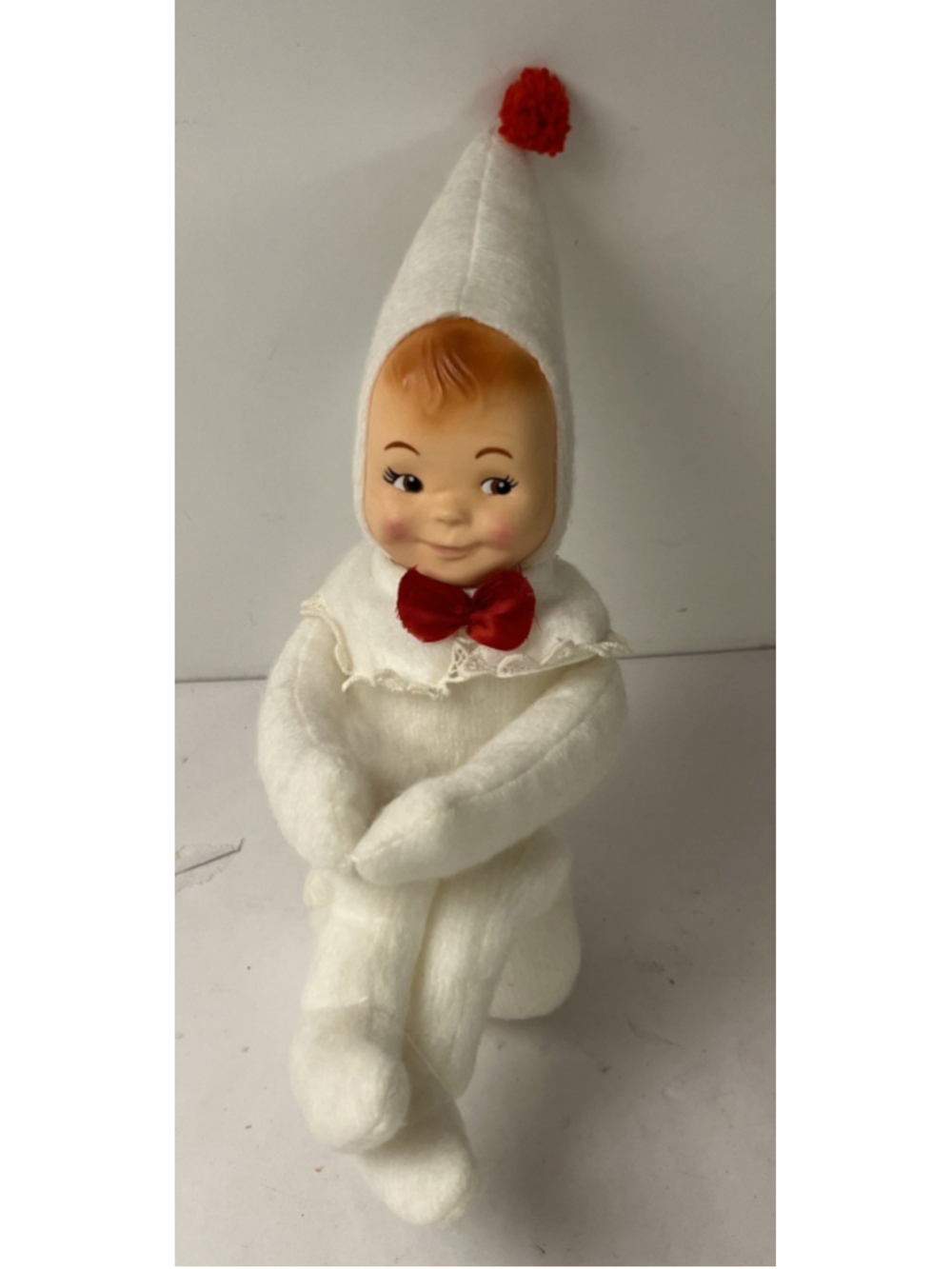 Vintage Rubber Face Elf Pixie Doll White Felt Snow Baby Plush Christmas Japan